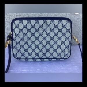 Vintage Gucci Square Blue Gray Canvas Monogram GG Shoulder Bag 80s EUC